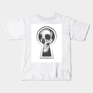 Human Skull Looks Through Keyhole. Kids T-Shirt